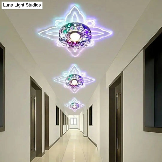 Contemporary Floral Crystal Led Flushmount Ceiling Light - Clear Perfect For Hallways