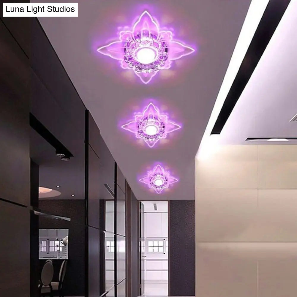 Contemporary Floral Crystal Led Flushmount Ceiling Light - Clear Perfect For Hallways