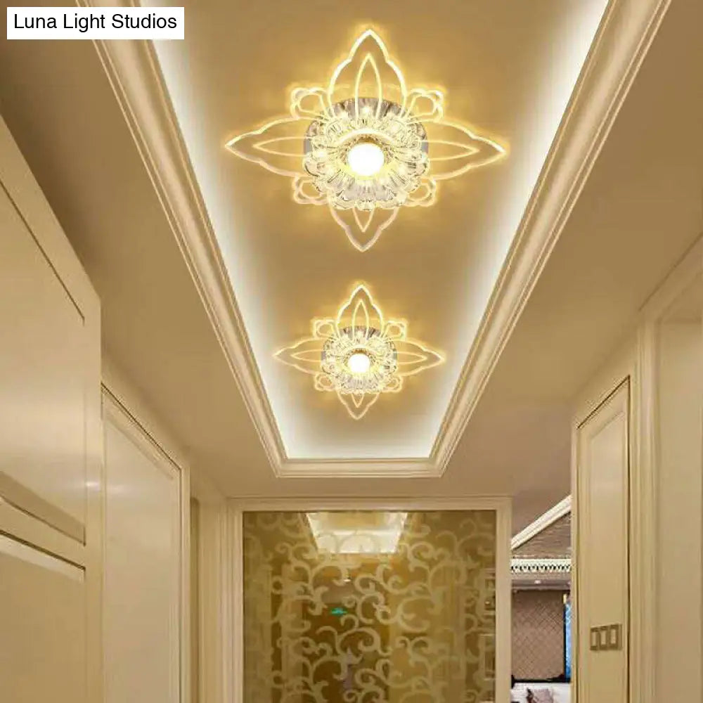 Contemporary Floral Crystal Led Flushmount Ceiling Light - Clear Perfect For Hallways