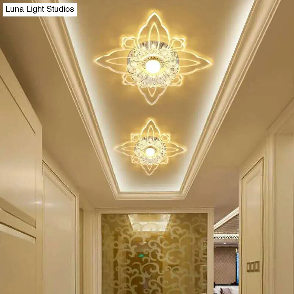 Contemporary Floral Crystal Led Flushmount Ceiling Light - Clear Perfect For Hallways