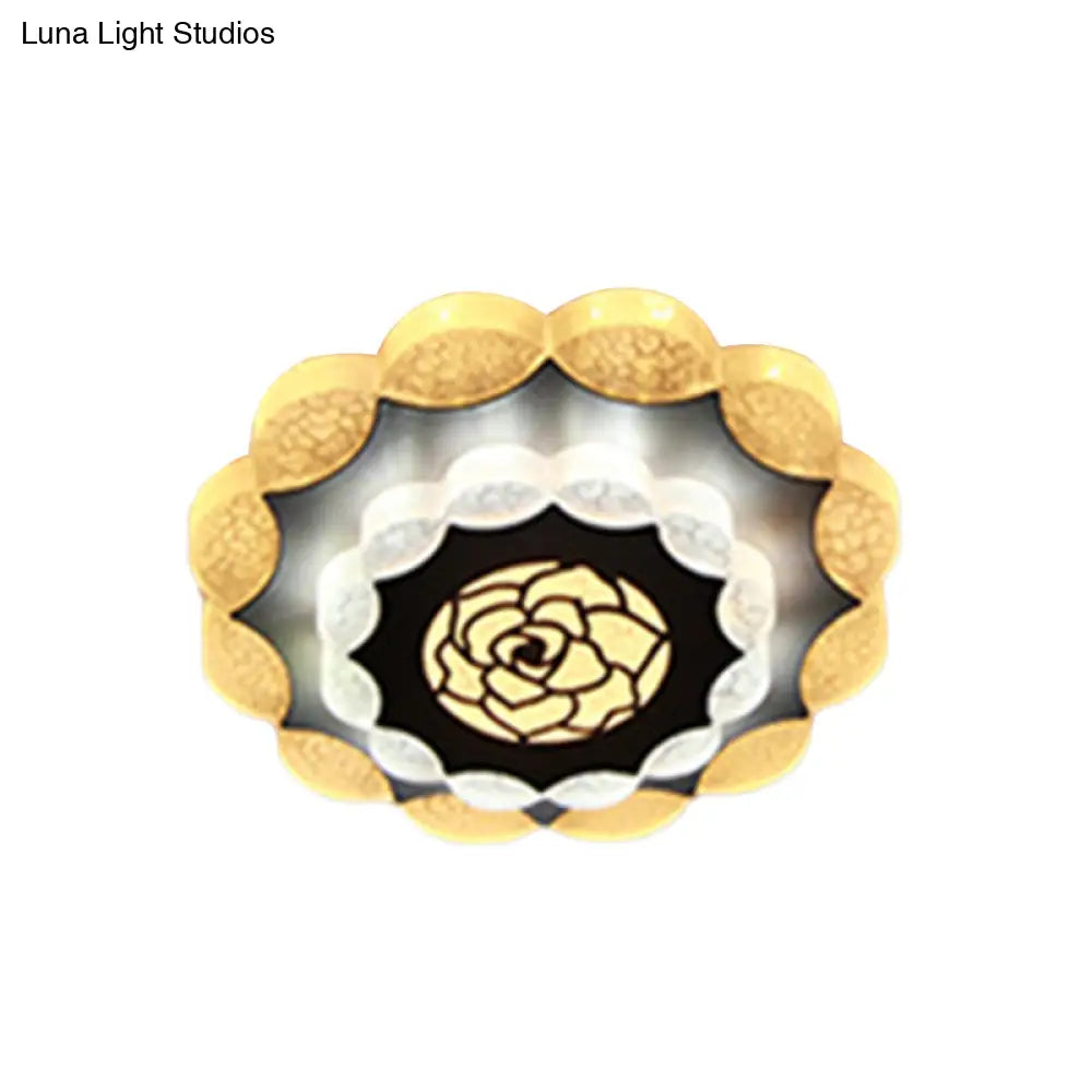 Contemporary Floral Flush Mount Led Lamp With Acrylic White - Black Finish And Rose Pattern