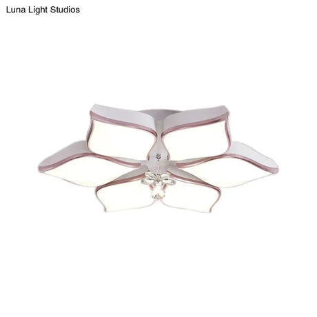 Contemporary Flower Ceiling Mounted Fixture: Acrylic Flush Light In White With Crystal Drop For