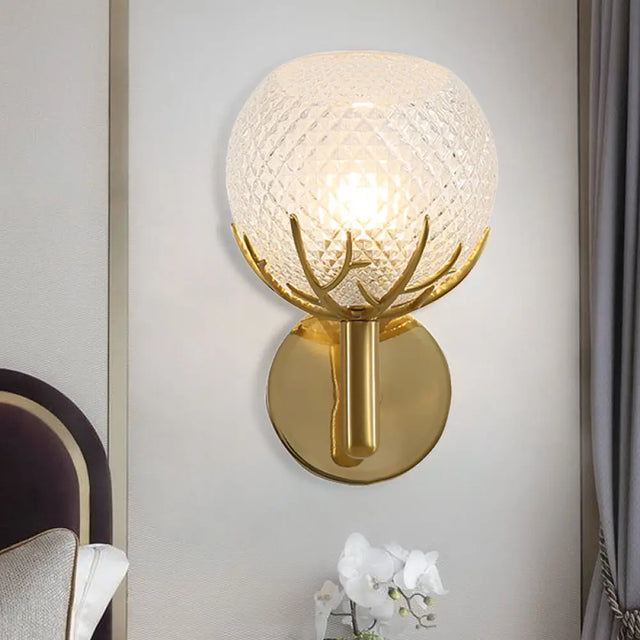 Contemporary Frosted Lattice Glass Wall Lamp - 1 Light Brass Finish Sconce