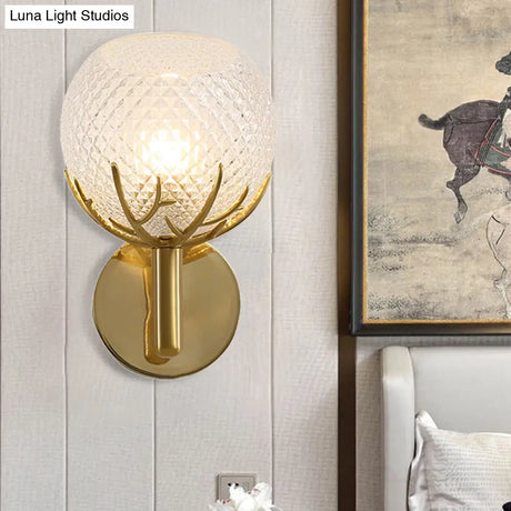 Contemporary Frosted Lattice Glass Wall Lamp - 1 Light Brass Finish Sconce