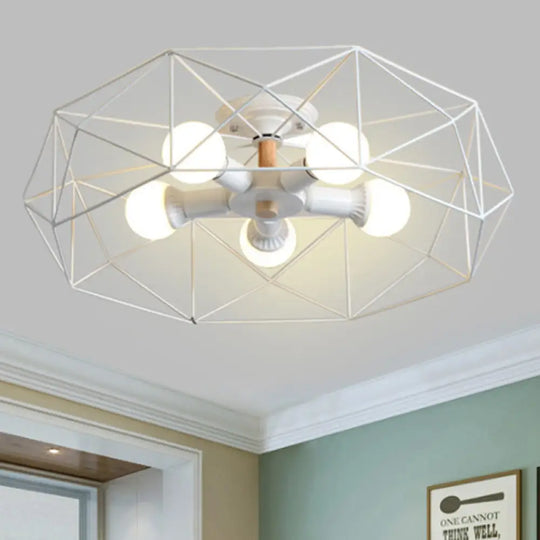 Contemporary Geometric Semi Flush Mount Light With Wire-Cage Shade - 3/4/5 Options