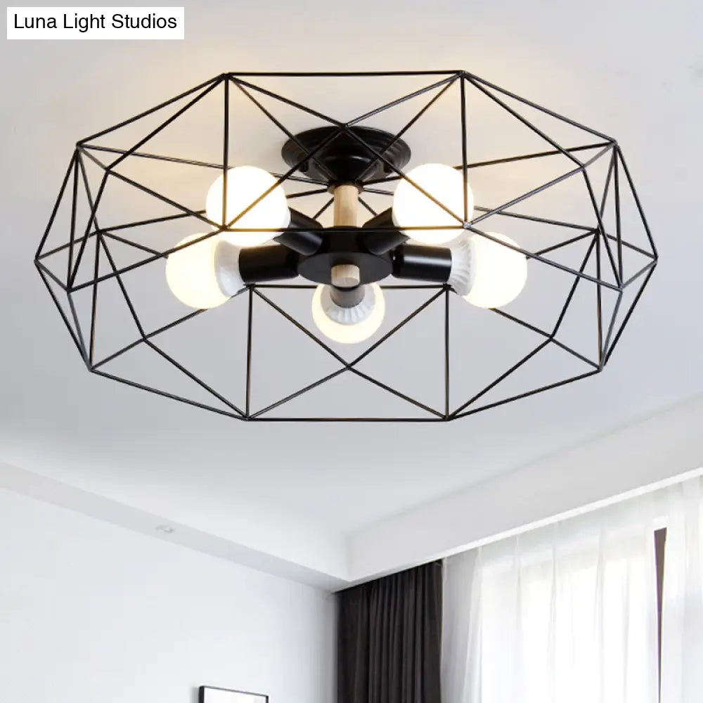 Contemporary Geometric Semi Flush Mount Light With Wire-Cage Shade - 3/4/5 Options