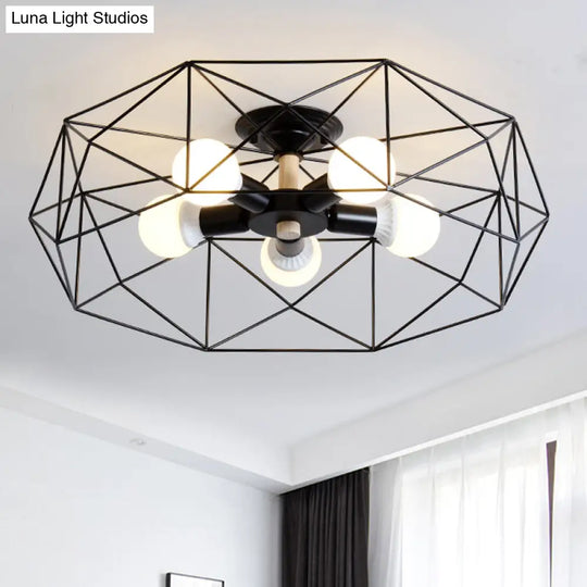 Contemporary Geometric Semi Flush Mount Light With Wire-Cage Shade - 3/4/5 Options