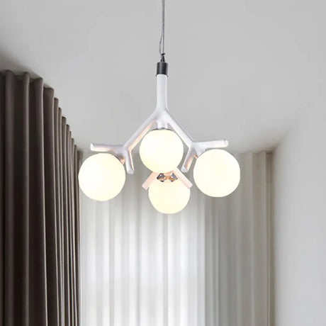Contemporary Global 4-Light White Glass Chandelier With Branch Design - Hanging Ceiling Fixture In