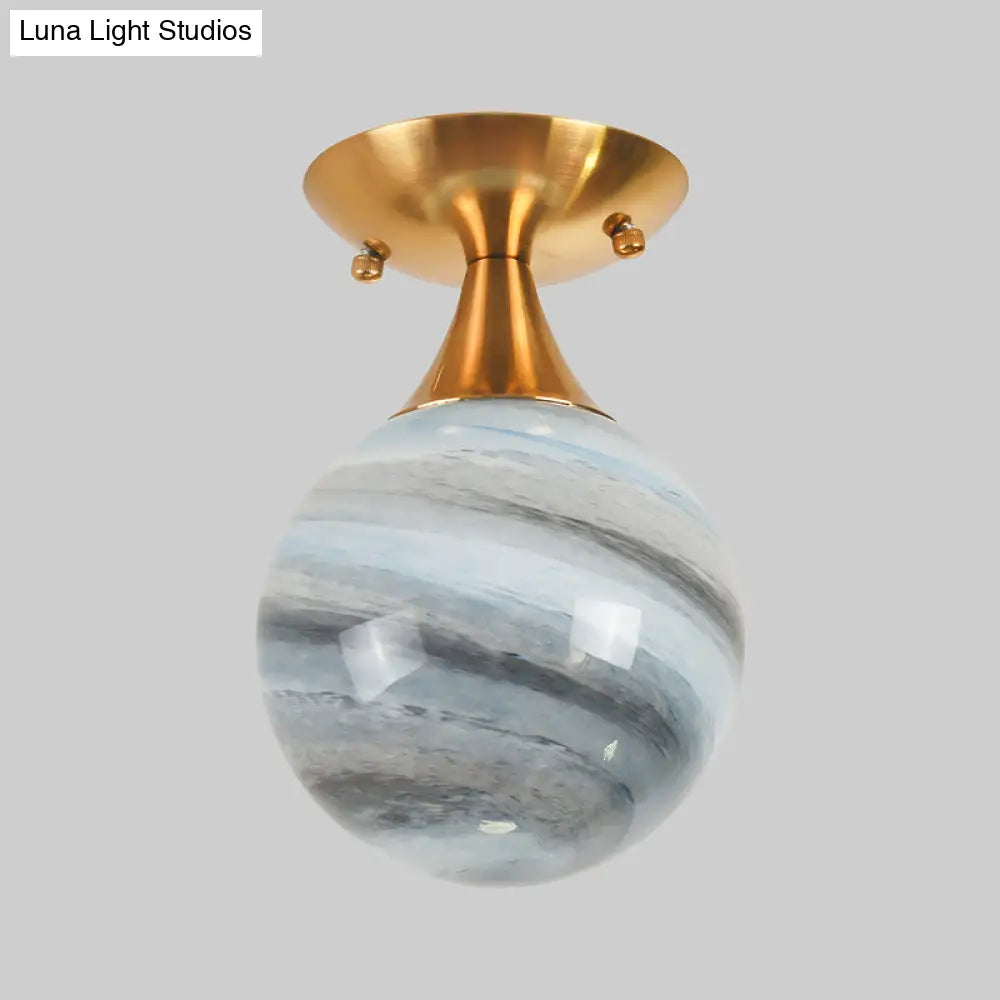 Contemporary Globe Blue Glass Flush Mount Light Fixture - 1 Gold Lamp