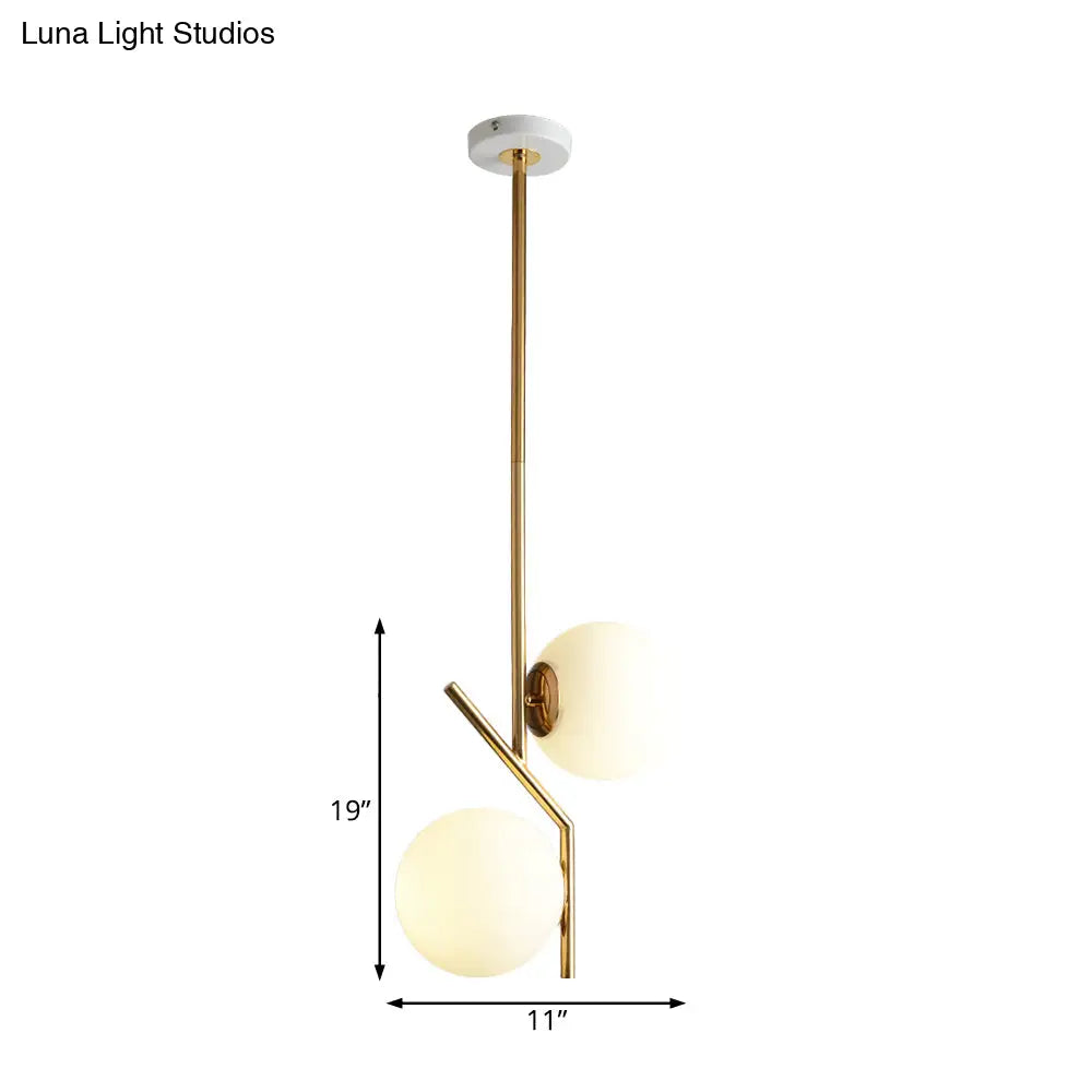 Contemporary Gold Angle Linear Chandelier Lighting 2 Lights White Glass Sphere Shade Metal Hanging Lamp Fixture Gold