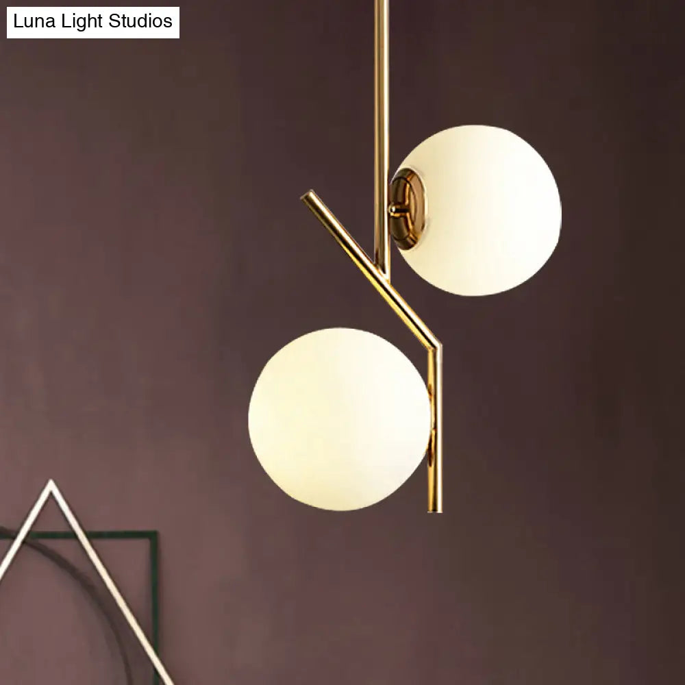Contemporary Gold Angle Linear Chandelier Lighting 2 Lights White Glass Sphere Shade Metal Hanging Lamp Fixture Gold