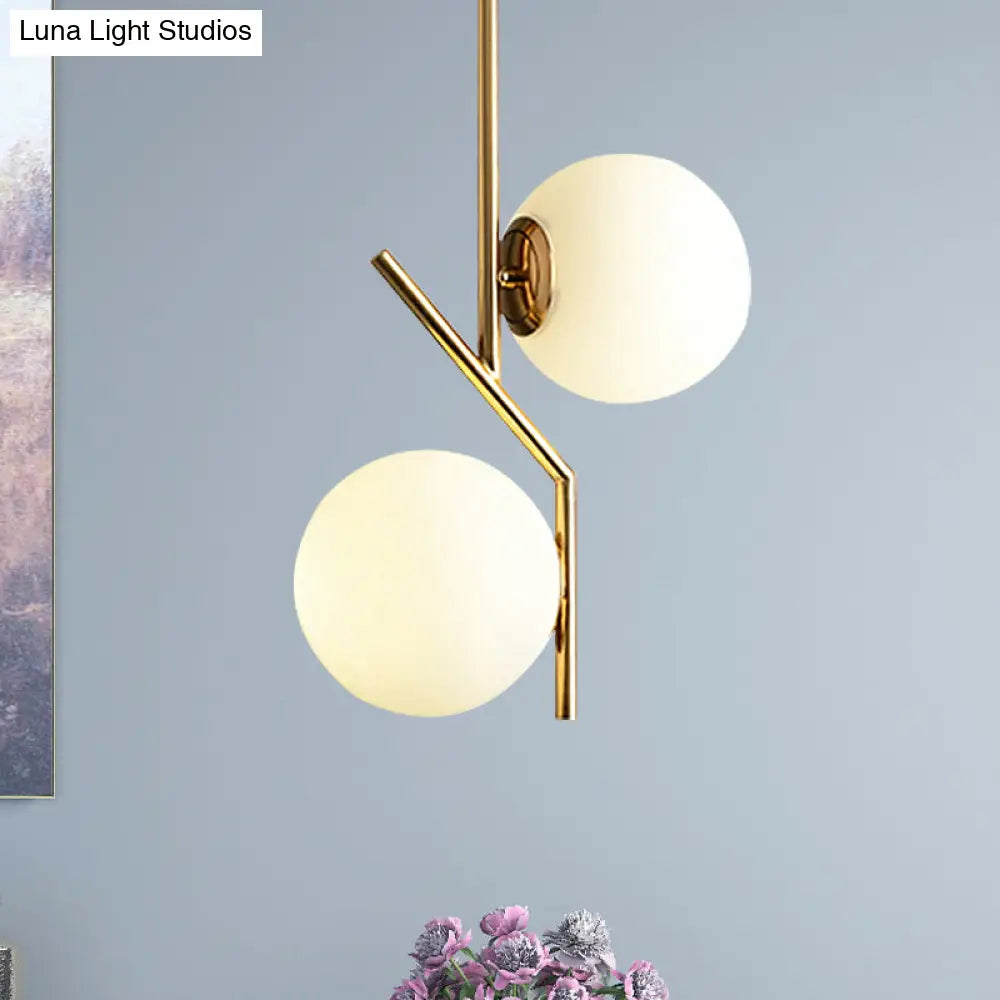 Contemporary Gold Angle Linear Chandelier Lighting 2 Lights White Glass Sphere Shade Metal Hanging Lamp Fixture Gold