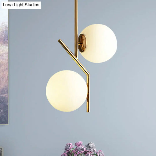 Contemporary Gold Angle Linear Chandelier Lighting 2 Lights White Glass Sphere Shade Metal Hanging Lamp Fixture Gold