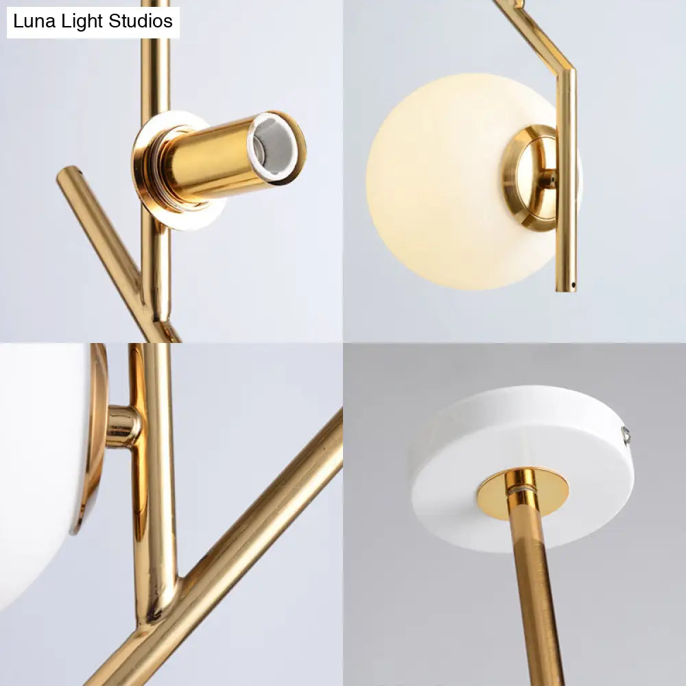 Contemporary Gold Angle Linear Chandelier Lighting 2 Lights White Glass Sphere Shade Metal Hanging Lamp Fixture Gold