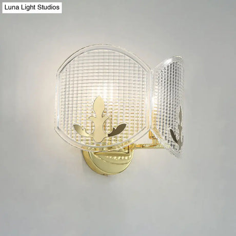 Contemporary Gold Arc Wall Sconce With Dual Clear Glass Latticed Heads