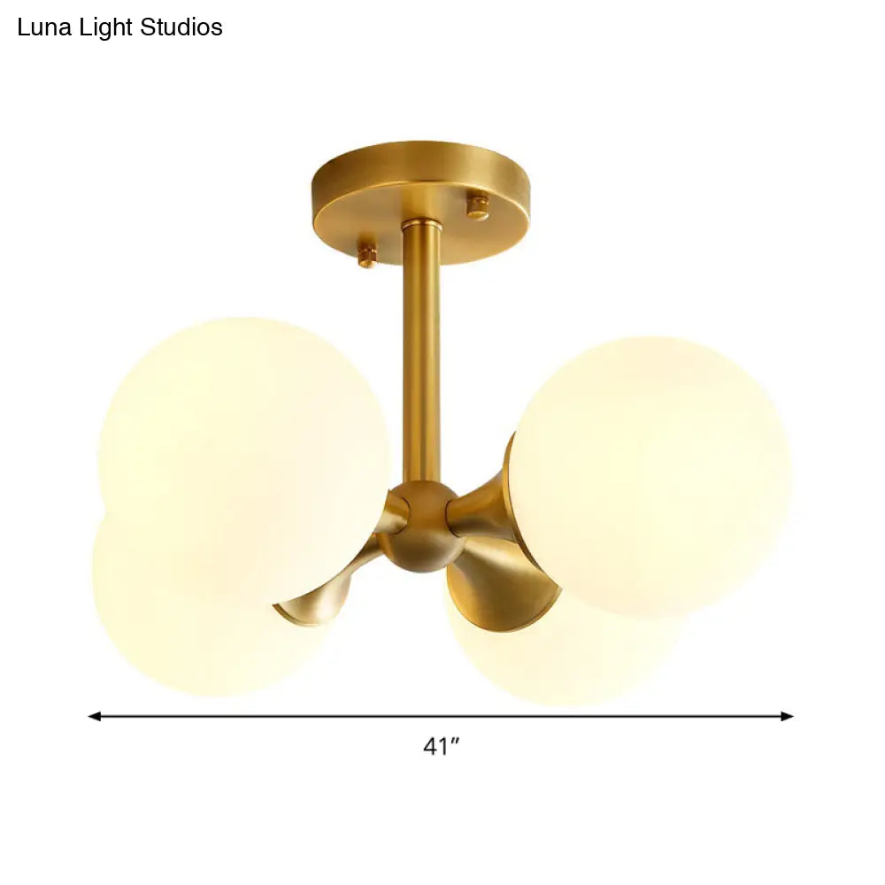 Contemporary Gold Ball Semi Flush Ceiling Light With 4 Milky Glass Heads
