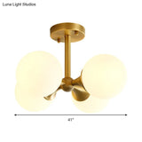 Contemporary Gold Ball Semi Flush Ceiling Light With 4 Milky Glass Heads