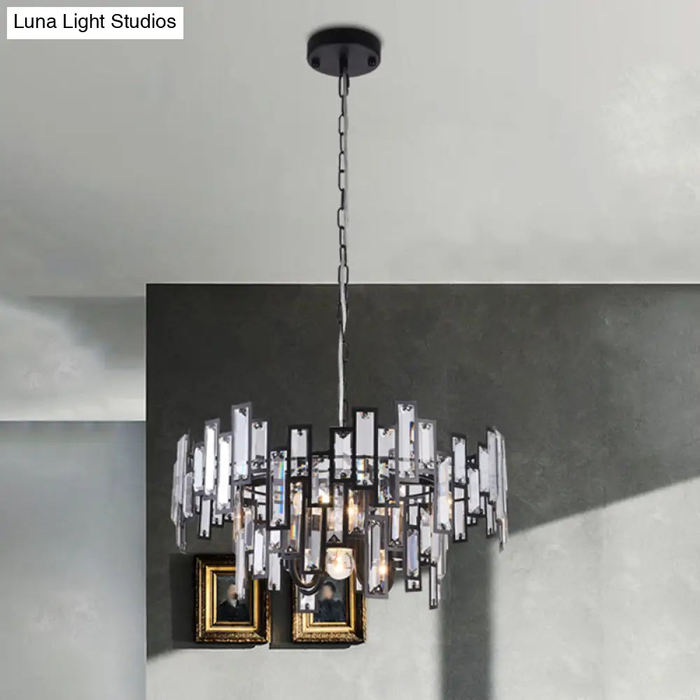 Contemporary Gold/Black Round Bedroom Suspension Light With 6 Crystal Block Bulbs