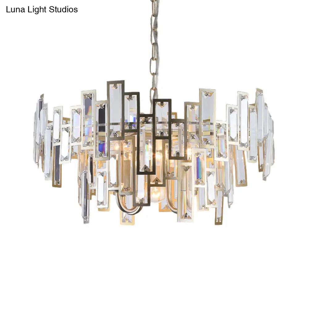 Contemporary Gold/Black Round Bedroom Suspension Light With 6 Crystal Block Bulbs