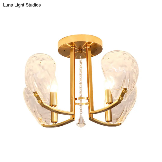 Contemporary Gold Candle Semi Flush Mount Ceiling Light With Crystal Petal Shade - 4 Bulbs
