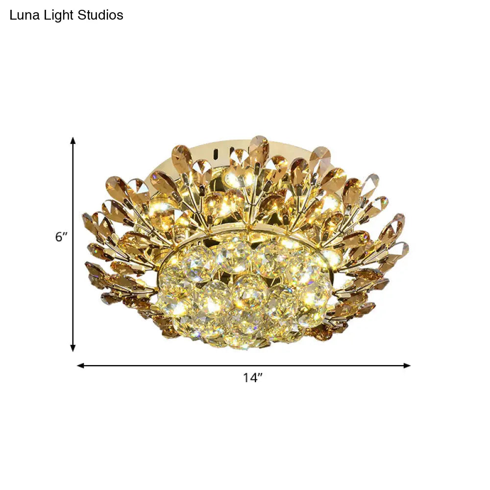 Contemporary Gold Ceiling Lamp With Led Branch Design - Cognac And Clear Crystal Flush Mount For
