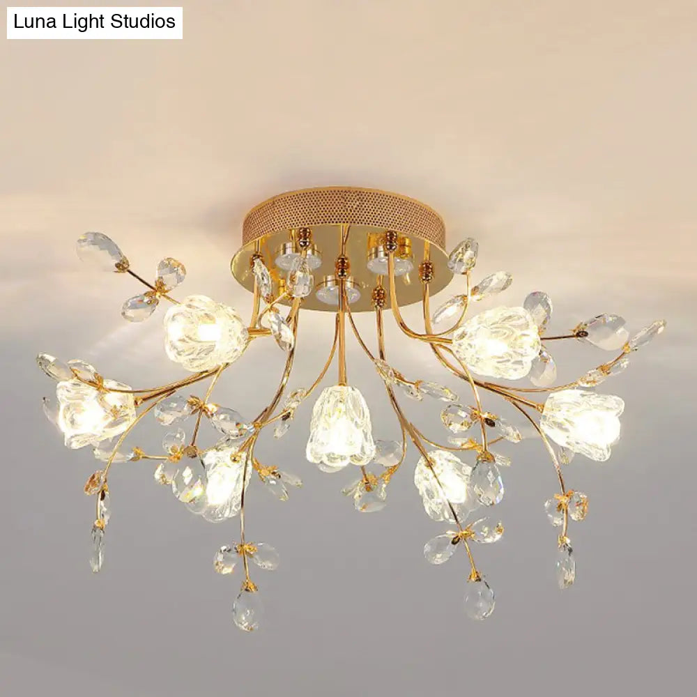 Contemporary Gold Crystal Flush Mount Lamp - 7 - Head Bedroom Lighting