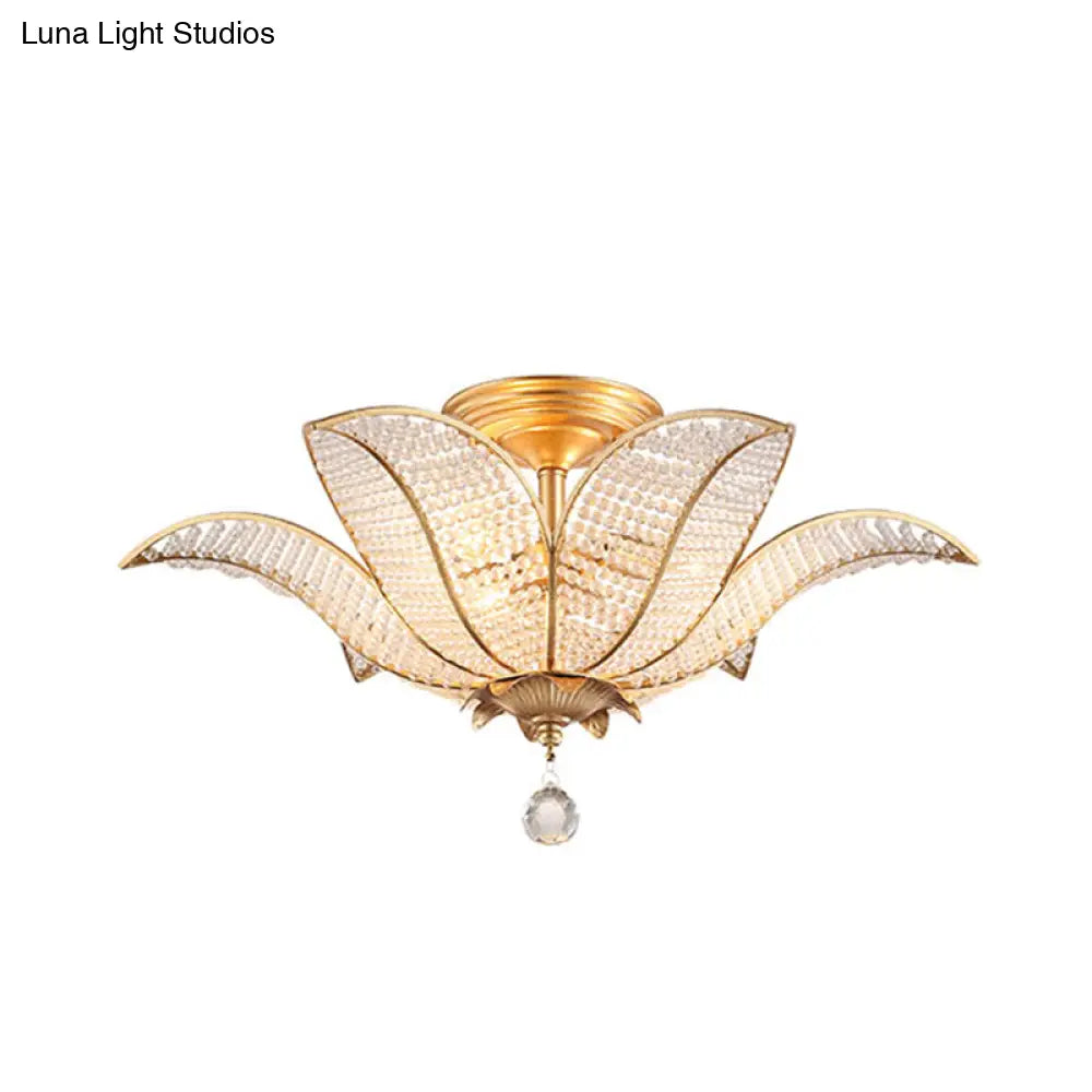 Contemporary Gold Crystal Flush Mount Lighting Fixture For Living Room Ceiling - 3-Light