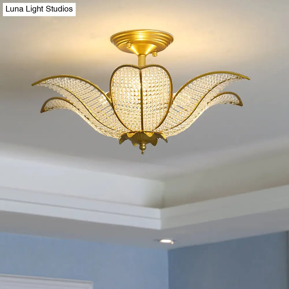 Contemporary Gold Crystal Flush Mount Lighting Fixture For Living Room Ceiling - 3-Light