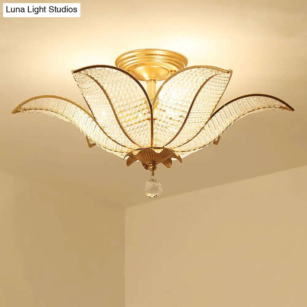 Contemporary Gold Crystal Flush Mount Lighting Fixture For Living Room Ceiling - 3-Light