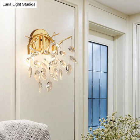 Contemporary Gold Crystal Leaf Wall Lamp With 2 Bulbs - Mounted Lighting For Living Room
