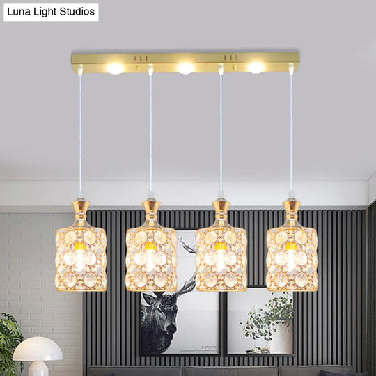 Modern Gold Cylinder Shape Hanging Pendant With 4-Light Beveled K9 Crystal