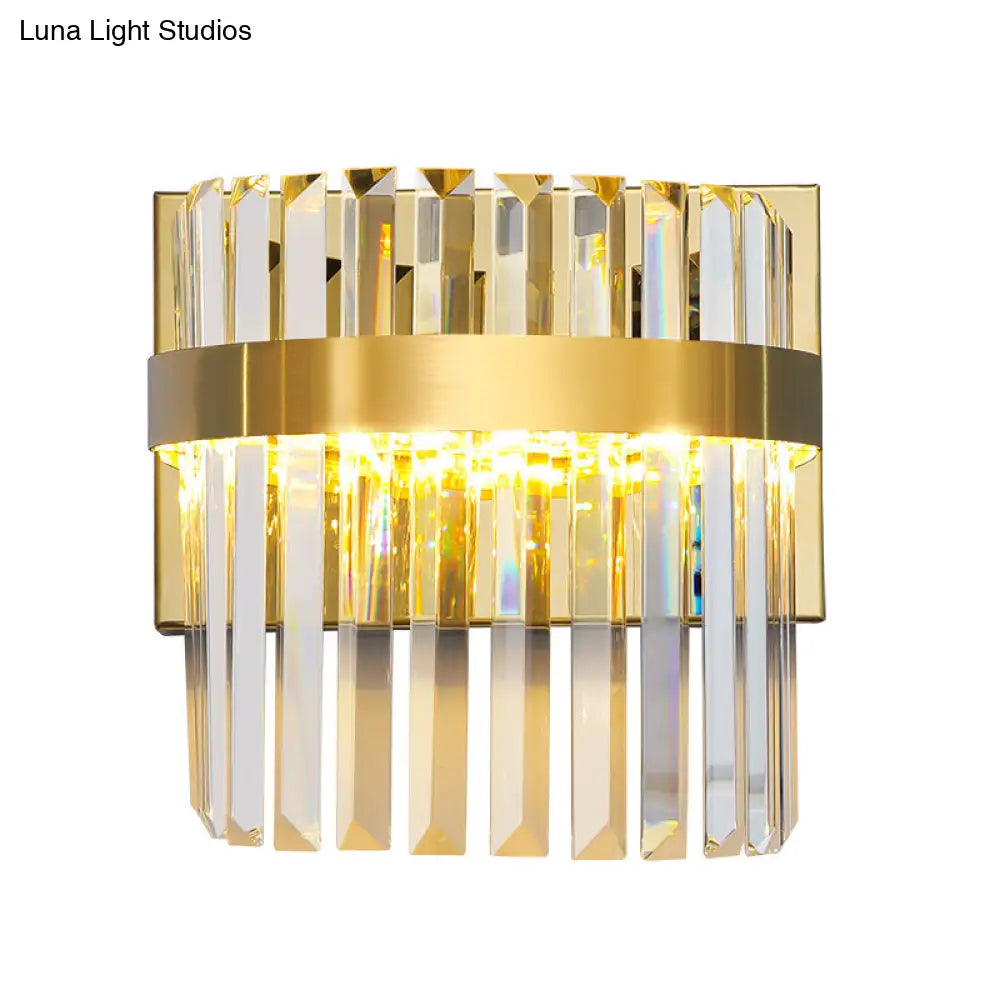 Contemporary Gold Demilune Wall Light - 2 Head Crystal Prism Sconce