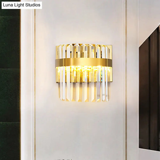 Contemporary Gold Demilune Wall Light - 2 Head Crystal Prism Sconce