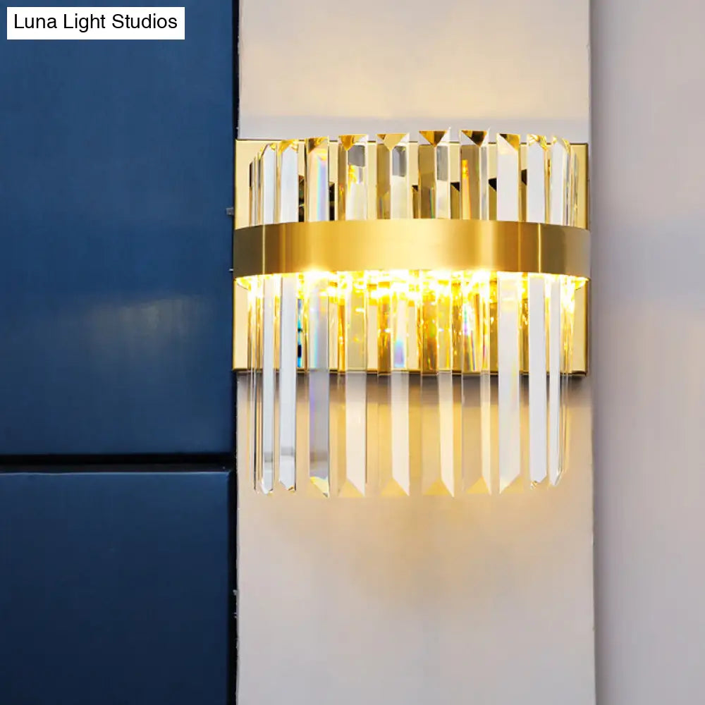 Contemporary Gold Demilune Wall Light - 2 Head Crystal Prism Sconce