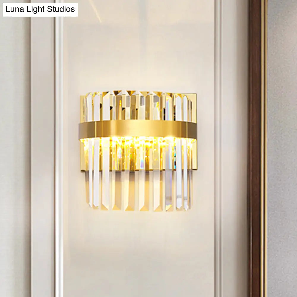 Contemporary Gold Demilune Wall Light - 2 Head Crystal Prism Sconce