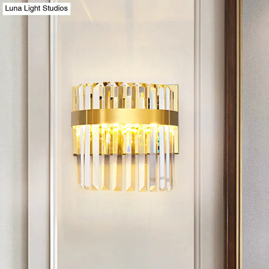 Contemporary Gold Demilune Wall Light - 2 Head Crystal Prism Sconce