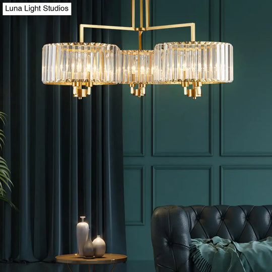 Contemporary Gold Drum Chandelier With Clear Crystal - 3/6/9 Head Suspension Light For Living Room