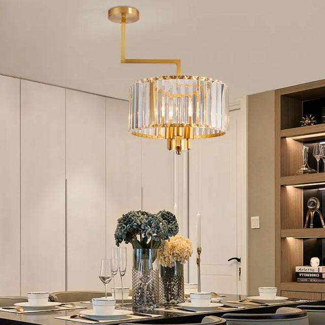 Contemporary Gold Drum Chandelier With Clear Crystal - 3/6/9 Head Suspension Light For Living Room