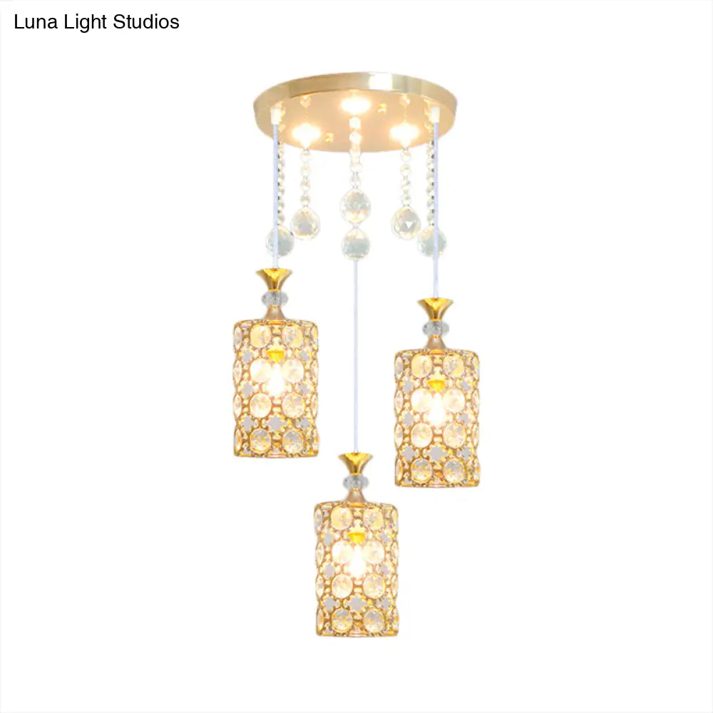 Contemporary Gold Finish Crystal-Encrusted Hanging Lighting With 3 Bulbs