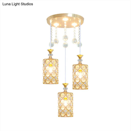 Contemporary 3-Bulb Multi Pendant With Crystal-Encrusted Gold Cylinder