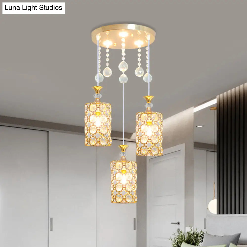 Contemporary 3-Bulb Multi Pendant With Crystal-Encrusted Gold Cylinder