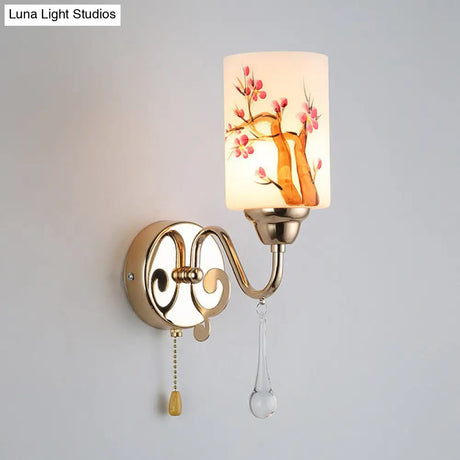 Contemporary Gold Finish Wall Lamp With Cream Glass Shade & Pull Chain
