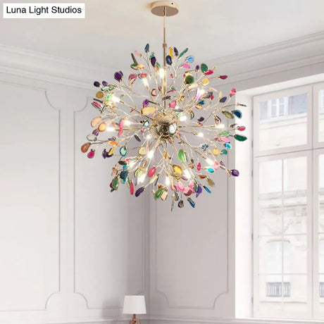 Contemporary Gold Flower Chandelier With Multi-Agate Lights - Hanging Ceiling Fixture