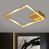 Contemporary Gold Led Ceiling Flush Light Fixture - 16’/19.5’ Wide Squared Cage Design