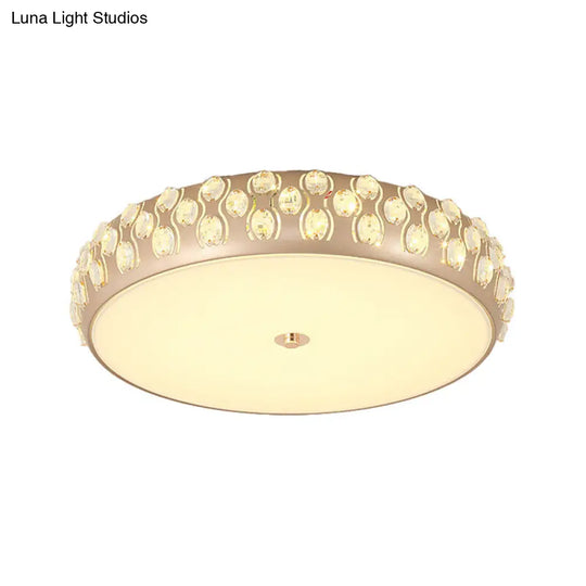 Contemporary Gold Led Drum Ceiling Mount Light With Crystal Beads For Bedroom