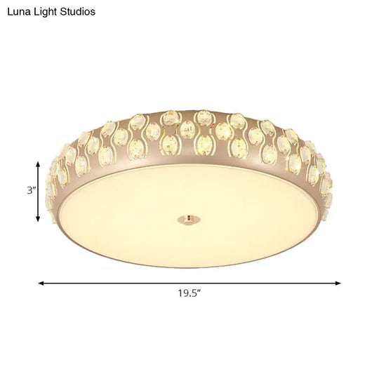 Contemporary Gold Led Drum Ceiling Mount Light With Crystal Beads For Bedroom