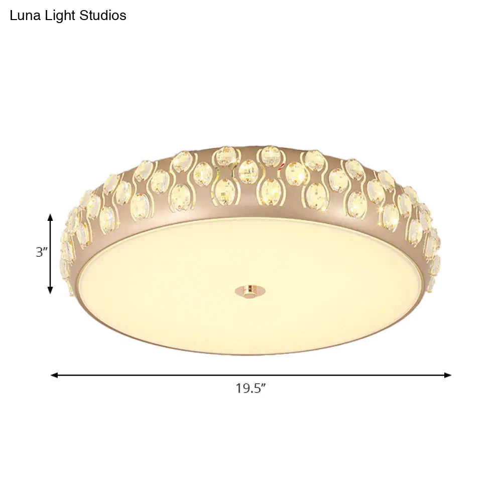 Contemporary Gold Led Drum Ceiling Mount Light With Crystal Beads For Bedroom