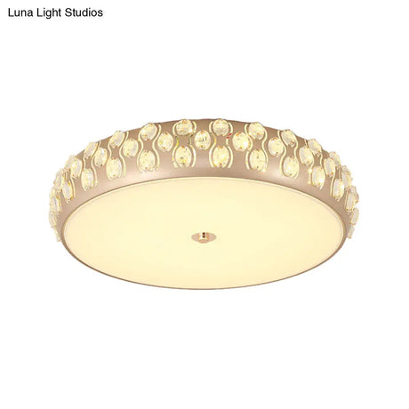 Contemporary Gold Led Drum Ceiling Mount Light With Crystal Beads For Bedroom