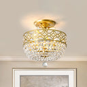Contemporary Gold Light Fixture With Crystal Balls - 3 Heads Porch Semi - Flush Mount