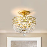 Contemporary Gold Light Fixture With Crystal Balls - 3 Heads Porch Semi - Flush Mount